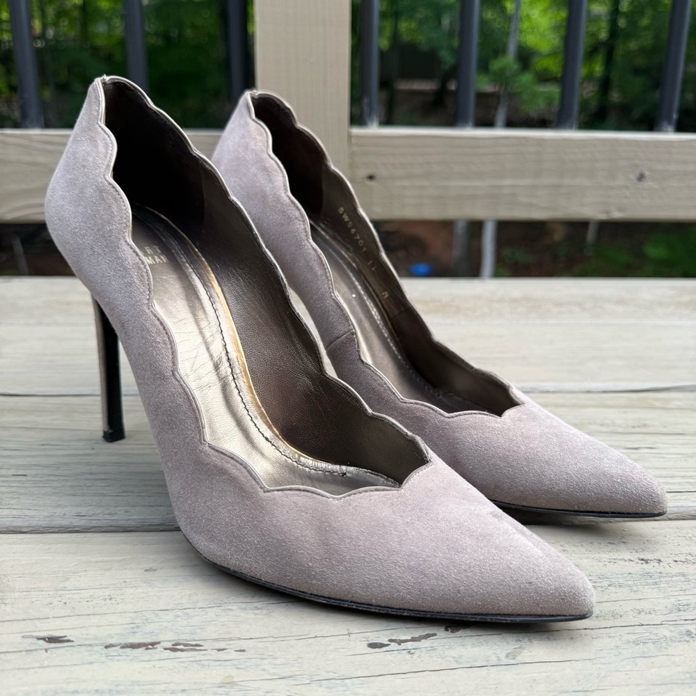 Stuart Weitzman Scallopfine Anthracite Suede Scallop Edge Pumps Shoes Heels 11 - Picture 3 of 15